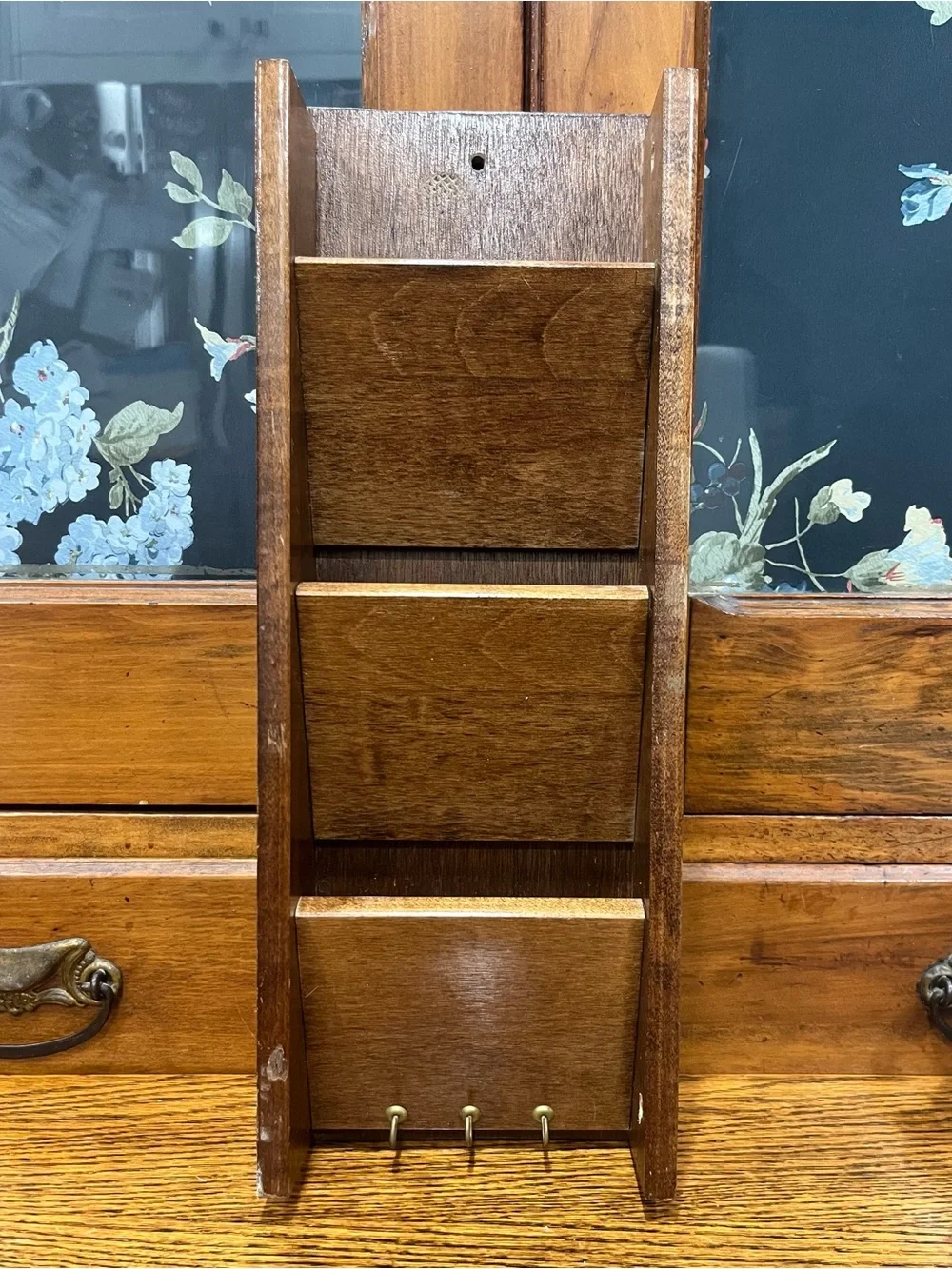Vintage Wooden Mail Holder with Hooks | Rustic Farmhouse Cottagecore Decor